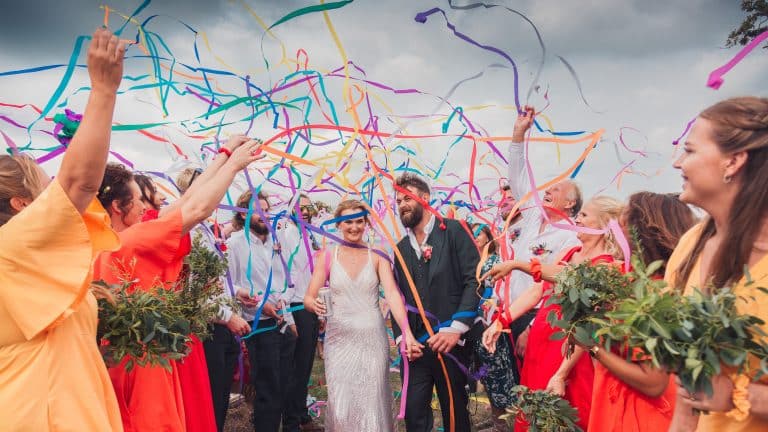 colourful streamers at Holly and Ben's wedding in September 2022